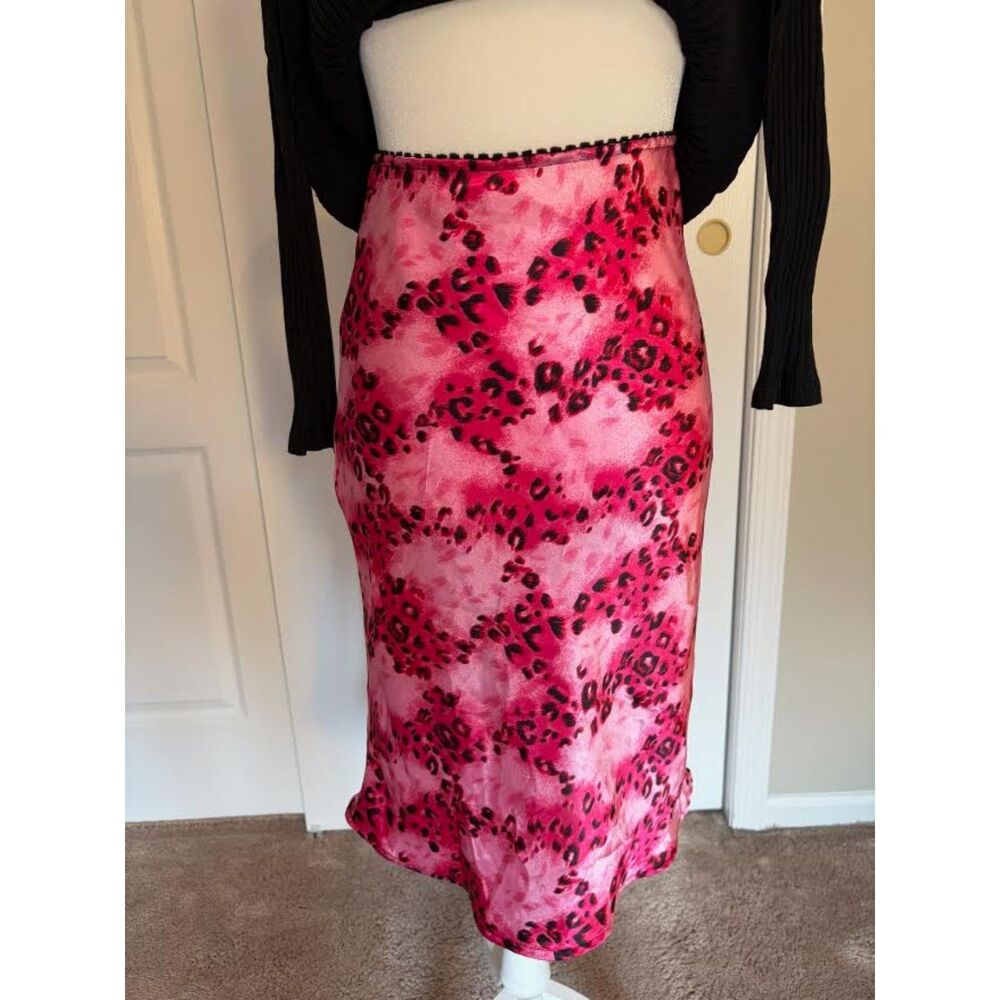 VTG Fire Los Angeles Pink Leopard Print Satin Midi Skirt Y2K Grunge Small